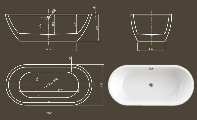 Схема Knief Form ванна отдельностоящая 190x90